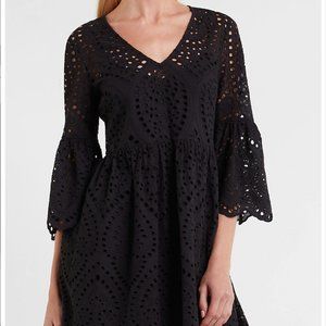 Eyelet Lace Flare Sleeve Dress Black NWT